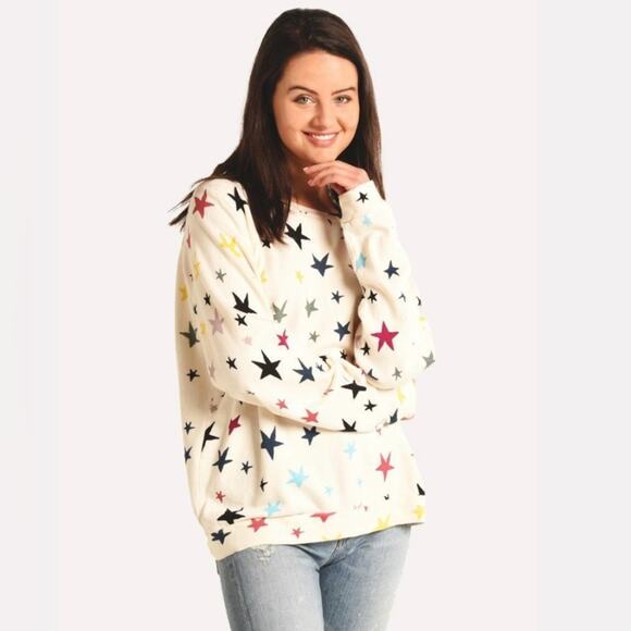 Monrow Oversized Raglan Sleeve Multicolor Stars Sweatshirt Size M - Picture 1 of 11